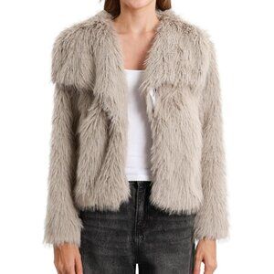 Women's Grey Faux Fur Collar Open Front Long Sleeve Winter Fleece Coat